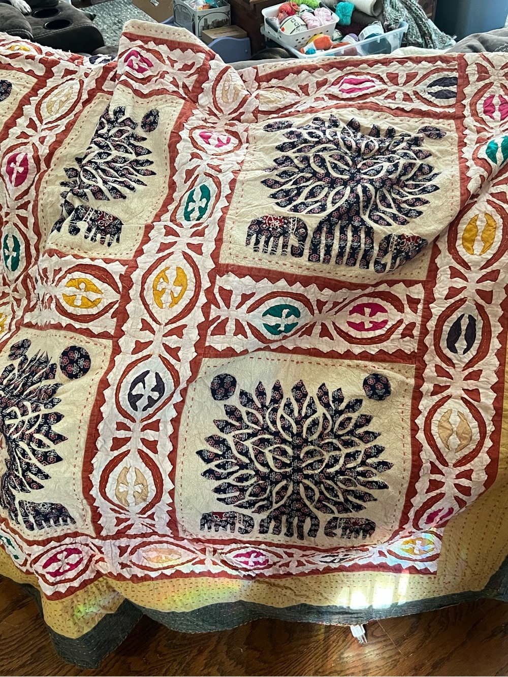 King size Kantha embroidery tree of life patchwork coverlet quilt - Picture 3 of 5